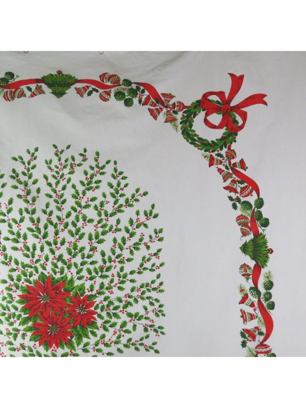 Christmas Tablecloth 58" x 80" Pinecone Bells Rectangle Red Green White Vintage - Picture 2 of 10
